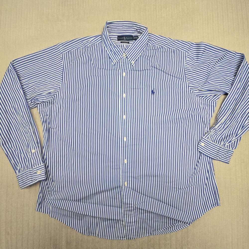 Polo Ralph Lauren Shirt Mens 2XL Blue White Striped Long Sleeve Pony Button Up